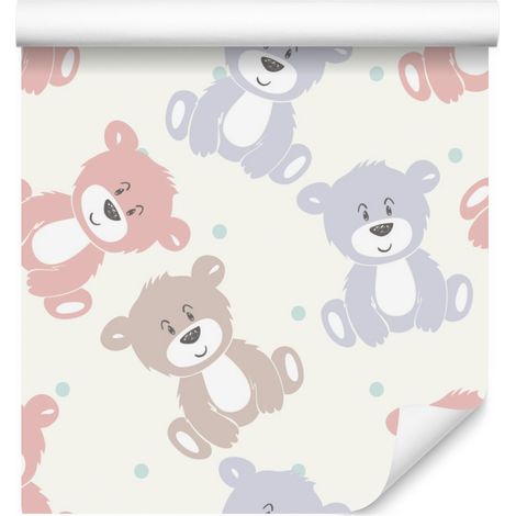 Papel pintado de ositos de peluche alegres en colores pastel para salón y dormitorio, 50x1000 cm. (1/5)