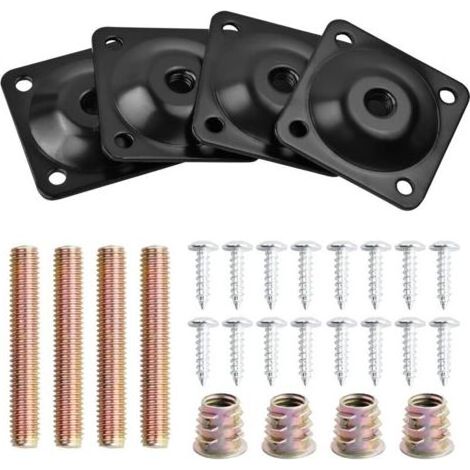 Lot de 4 Metal Plaques de Montage de Pied avec Boulons et Vis, M8 Plaques de Fixation pour Pieds de Meubles, Supports de Montage pour Jambes de Canapé Pieds de Table Fauteuil Chaise Meuble,(Noir) (1/5)