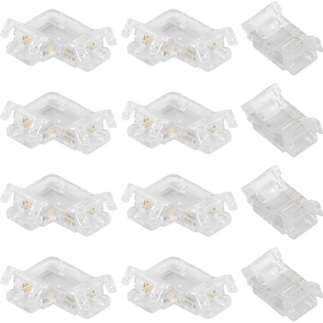 12 connettori LED COB a 2 pin da 8 mm per il collegamento di strisce LED, include 8 connettori per strisce LED a forma di L senza spazi vuoti e 4 connettori intermedi trasparenti, compatibili con stri