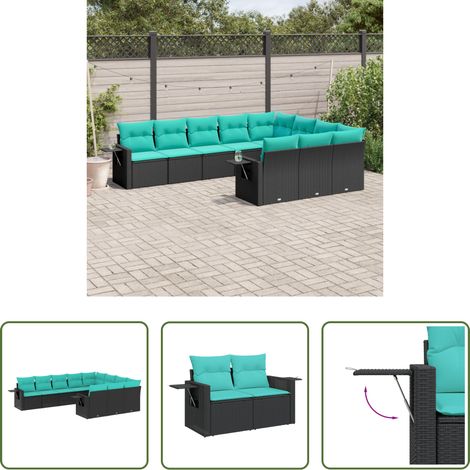 Gartenmöbel - 10-teiliges Gartensofa-Set mit Kissen, schwarzes Polyrattan (1/5)