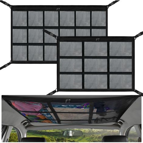 Filet de Rangement pour Toit Voiture, 90 x 65 cm + 80 x 52 cm, Filet à Bagages Universel pour Toit de Voiture, Plafond de Voiture Bagages Filet Sac, pour à la Plupart des Véhicules, SUV, Van, Jeep