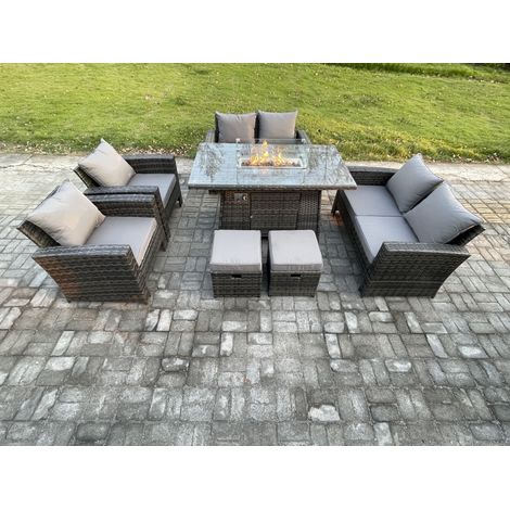 Fimous Wicker PE Rattan Garden Furniture Sets Patio Outdoor Gas Firepit Dining Table Heater Set with Double Seat Sofa 2 Small Footstools Dark Grey Mixed (1/5)
