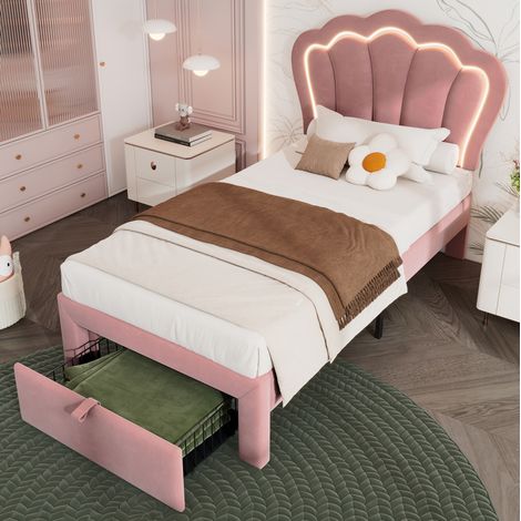 letto contenitore 90x200 LED velluto rosa HAVRYA (1/5)