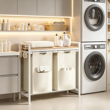 Multifunktionaler Wäschesammler mit 2 herausnehmbaren Körben, Holz und Metall, Weiß OKMYHOME (1/5)