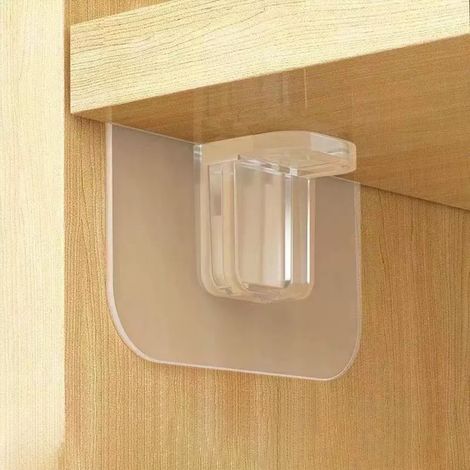 4-teiliges Set: Stabile, bohrfreie Schrankhalterungen, transparente PVC-Regalträger, selbstklebende Regalbefestigungswinkel. (1/4)