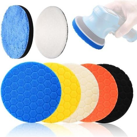 Kit de tampons de polissage auto 150 mm, ensemble hexagonal 7 pads (laine, microfibre), pour vernis, lustrage et retrait rayures. (1/4)