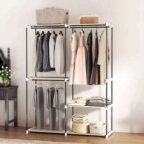 Offener Kleiderschrank mit 4 Stoffregalen, 3 Kleiderstangen, Metallgestell, 142 x 43 x 185 cm, Creme