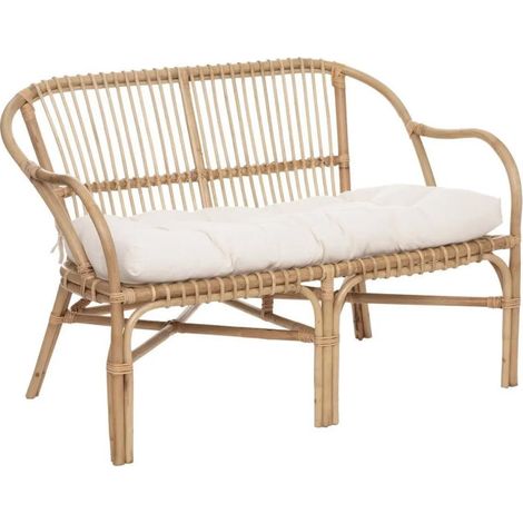 Atmosphera – Banc 2 places en rotin naturel et blanc 110cm – Assise confortable avec coussin inclus – Tendance moderne – Dimensions L. 110 x l. 68 x H. 77 cm