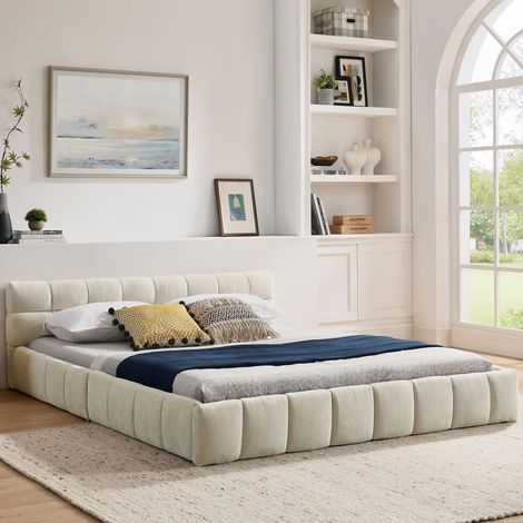 Lit double 160200 cm, lit avec housse en chenille douce et soyeuse, motif matelassé à carreaux, fabriqué en bois d'eucalyptus écologique et cadre en fer robuste, montage facile, beige (sans matelas) (1/5)