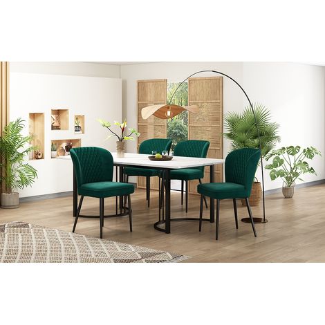 Ensemble salle à manger moderne : table 140x80x75 cm + 4 chaises velours vert foncé, assises rembourrées avec dossier, plateau MDF blanc, piètement noir