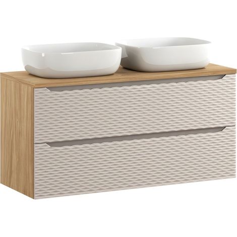 Badezimmer-Set YOKA beige: Waschtischunterschrank mit Schubladen 120 cm + Platte für Waschbecken + 2 Aufsatzwaschbecken