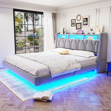 REDOM - Letto matrimoniale 180x200 cm con testiera pieghevole, contenitore e illuminazione a LED, porte USB e USB C, rivestito in grigio chiaro (materasso non incluso) (1/5)