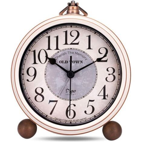 Reveil Vintage sans Tic-tac, Métal Beige Reveil Classique Rétro, Elégant Déco Silencieuse Horloge de Table Chevet Chambre Bureau 13.5cm (1/4)