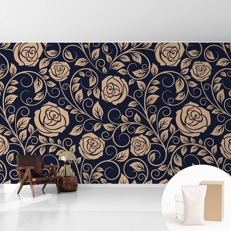 Papier peint intissé pour salon chambre à coucher peint imprimé Installation facile - Colle incluse gratuite Fleurs romantiques 416x254 cm (1/5)
