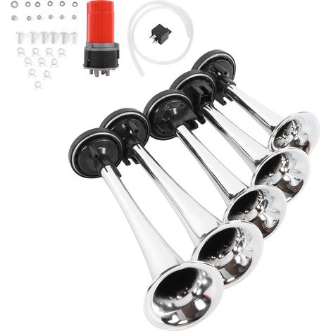 Kit 5 Trompes Aéro Klaxon 130dB 12V avec Compresseur Air Jazz pour Camion, Bus, Bateau – Musique Puissante, Acier, 5 Pièces (1/5)