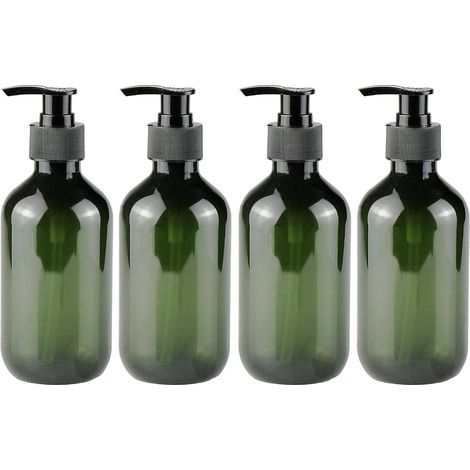 Set mit 4 wiederverwendbaren Pumpflaschen (je 300 ml Fassungsvermögen), geeignet für verschiedene Flüssigkeiten (dunkelgrün) (1/5)