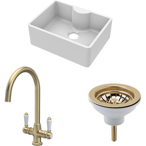 Fireclay Kitchen Bundle Single Bowl Butler Sink with Tap Ledge, Waste & Mono Lever Mixer Tap, 595mm Brushed Brass by Balterley