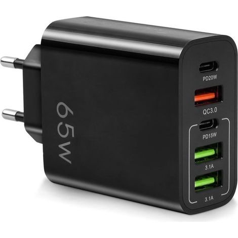 Cargador rápido USB-C de 65 W，adaptador de corriente de 5 vías con 2 puertos USB-C，Xiaomi y Huawei. Color negro (1/5)