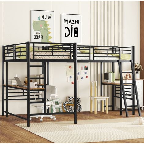 Lit mezzanine 90x200 cm en MDF et métal noir avec bureau, double échelle et garde-corps haut (1/5)