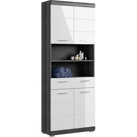 Badezimmer Hochschrank ca. 74 cm breit modern in Hochglanz weiß mit grau SIROCO-158 (1/4)