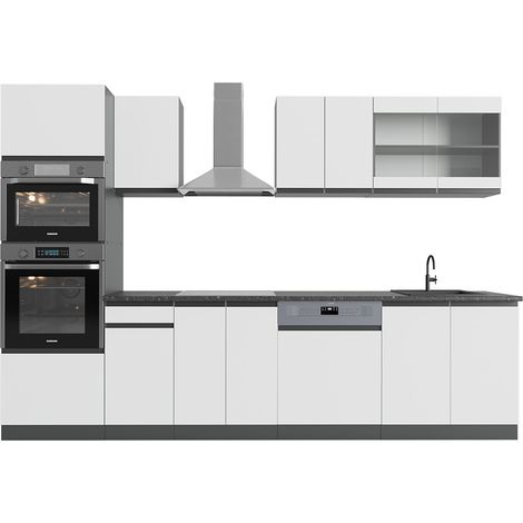 Küchenzeile R-Line, Weiß/Anthrazit, 300 cm mit Hochschrank, AP Anthrazit, Vicco