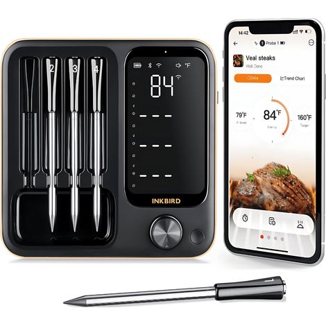 Thermomètre cuisine INKBIRD INT-14-BW Thermomètre à Viande 4 Sondes WiFi/Bluetooth/Local Application Précis ±1 °C/±1,8 °F IP67