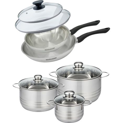 Set de 2 poêles 24 et 28 cm en inox et couvercle, 3 faitouts inox 16, 20 et 24 cm Fackelmann Geneva (1/5)