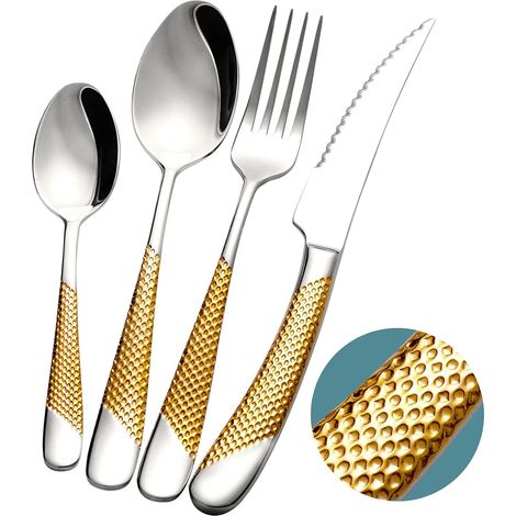 couverts de table pieces martelées argenté or avec couteau dentelé en , menagere inox pour personnes, set de couvert couteaux, fourchettes, cuillères (1/5)