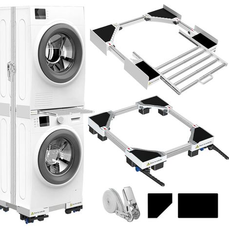 Kit universel d'empilage et socle mobile pour sèche-linge et lave-linge, taille réglable avec corde à cliquet et supports de séchage extensibles pour lave-linge et sèche-linge gain de place (Kit d'em (1/5)