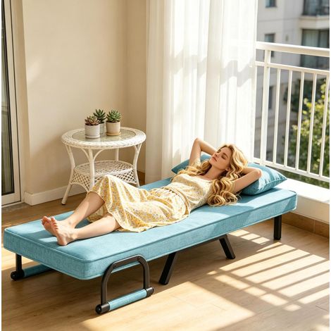 Sofá cama 3 en 1 reclinable de lino azul OKMYHOME (1/5)