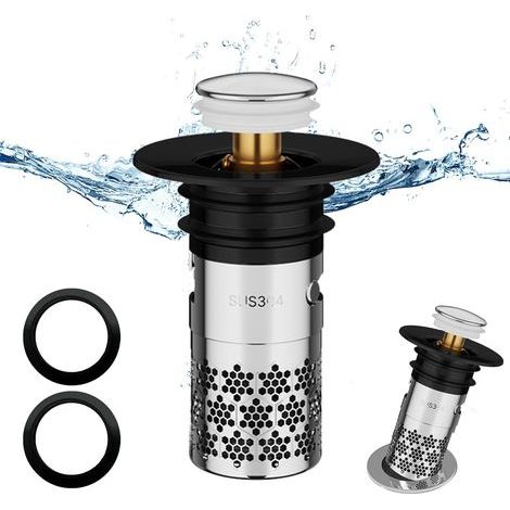 Stück Edelstahl-Waschbeckenstöpsel, universeller Pop-up-Ablaufstöpsel, verbesserter Ablaufstöpsel, Anti-Verstopfungs-Ablauffilter, mit Netzfilter, für Badewanne, Küche, Waschbecken (33-40 mm) - Schwar (1/5)