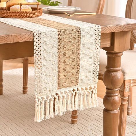 Runner da tavola in cotone e lino, marrone, stile rustico country con nappe, decorazione traforata per tavolo da pranzo/cucina bohémien (30x140 cm) (1/4)