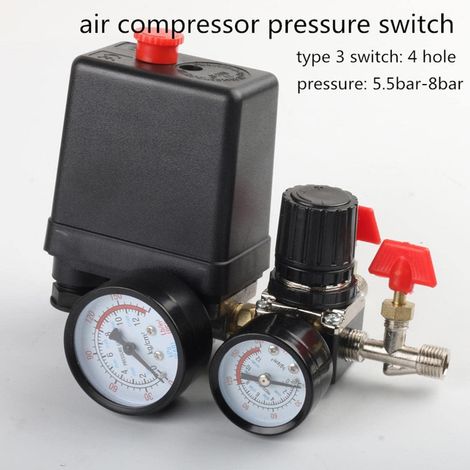 Steuerung: Hochleistungs-Druckschalter für Luftkompressorpumpen – 4-Port-Steuerventil für Luftpumpen mit Manometer (1 Einheit)