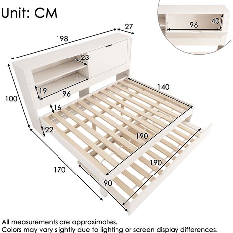 Canapé convertible 2 places 140x190 cm avec lit relevable 90x190, sommier mural blanc à étagère, coffre intégré pliable, ports USB/USB-C, sommier à lattes, sans matelas