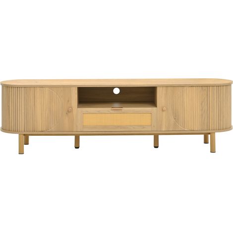 Ensemble meuble TV et table basse réglable en hauteur en MDF avec rangement et détails en rotin, finition couleur bois (1/5)