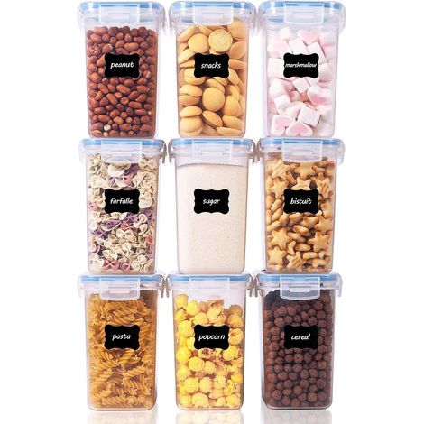 MINKUROW Set Di Barattoli Da 1,6 Litri, Barattoli Per Muesli E Barattoli Per Alimenti, Barattoli Ermetici In Plastica, Confezione Da 9, 24 Etichette Per Cereali, Farina, Zucchero, Ecc. (Blu) (1/5)
