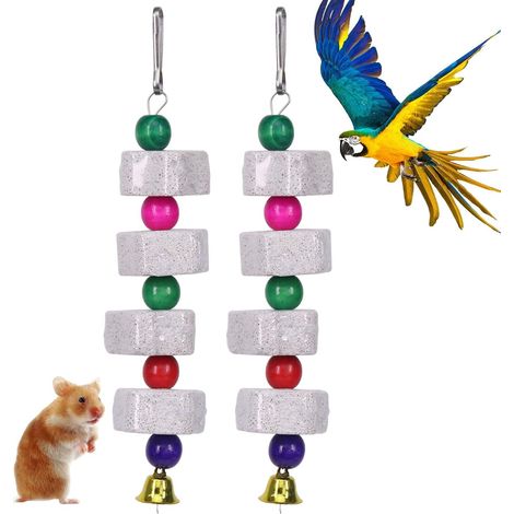 2 jouets à mâcher pour oiseaux, pierre minérale calcique avec clochettes, pour perruches, perroquets, inséparables et chinchillas. (1/5)