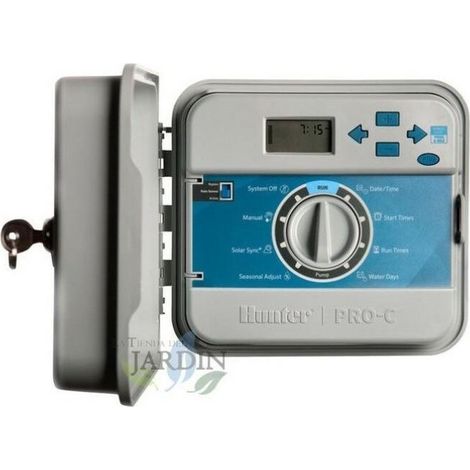 Programador de riego eléctrico PRO-C exterior Hunter, base 4 estaciones, controlador automático de riego (1/2)