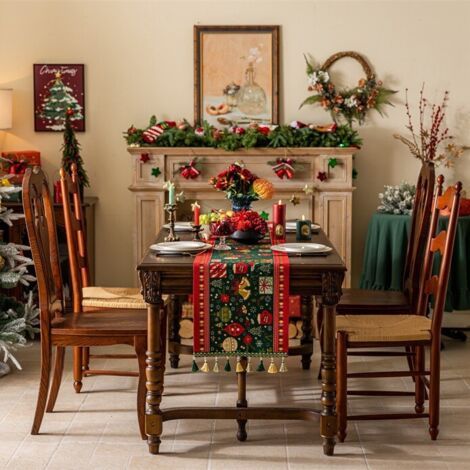 Pair Christmas Table Runner Xmas Dining Table Linen Decoration with Tassels Cotton Blend Winter Holiday Decoration, ( 35 x 180 ) (1/5)