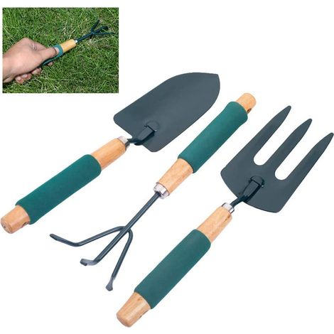 Ensemble de 3 mini-outils de jardin, manche de jardin avec outil à champignons, plantoir manuel et râteau à main (1/5)