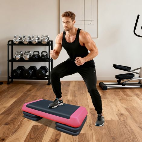 Step aerobico regolabile 77x38x16.5 cm, superficie antiscivolo, altezza regolabile, plastica, rosso nero (1/5)