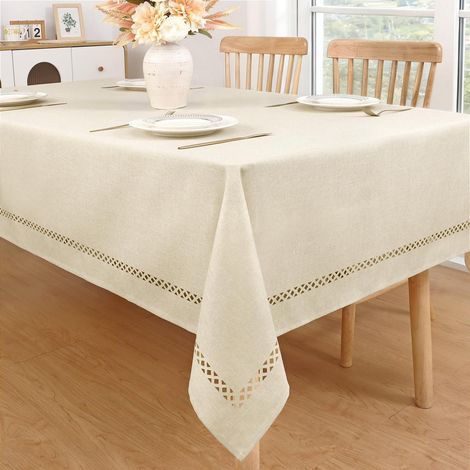 Nappe Beige 140x240 cm Rectangulaire Polyester avec motif ajouré et ourlet à pli
