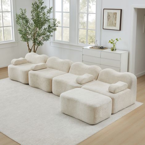 4-Sitzer L-förmiges Modulares Boneless Sofa mit 1 Ottoman, Wellenform, 32D Hochdichtschaum, bewegliches Armlehnenkissen, weicher Stoff, für Wohnzimmer, Beige 
WL