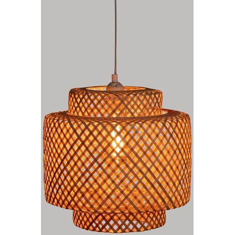 Suspension Rotin, Lampe à Suspension Rétro en Tissage de bambou, Lustres En Country Naturel, Plafonnier Couloir E27 Luminaire pour Salon Salle Chambre Décorer Maison 30x35cm(avec ampoule) (1/5)