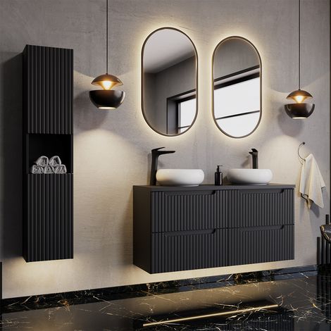 Badmöbel Set, 120cm Doppelwaschtisch, schwarz mit gerillter Front NEWPORT-56-BLACK (1/5)