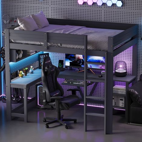 Cama altillo de madera para gaming 90 x 200 cm - Estructura de cama, con escritorio, estantes de almacenamiento, iluminación LED y estación de carga - Gris - Sin colchón (1/5)