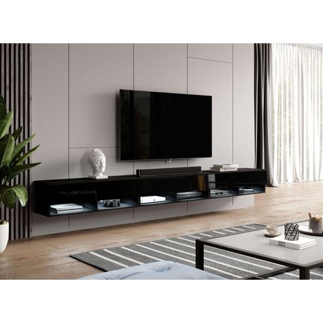FURNIX Armoire TV ALYX 300 cm (3x100cm) Buffet bas Commode TV noir/noir brillant (1/4)