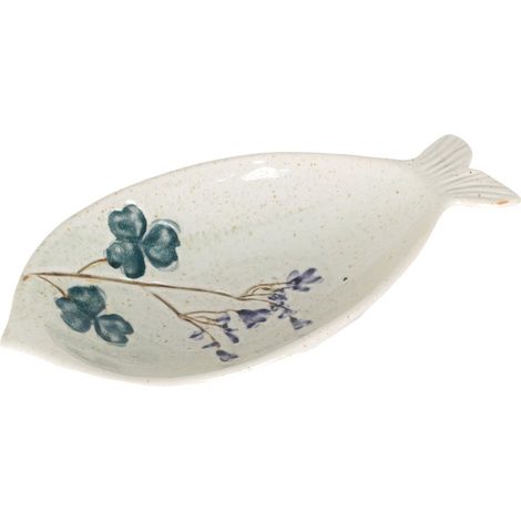Dekorativer Steingutteller im Bohème-Stil mit Fisch- und Blumenmotiv – ideal als Wohndeko und einzigartiges Geschenk