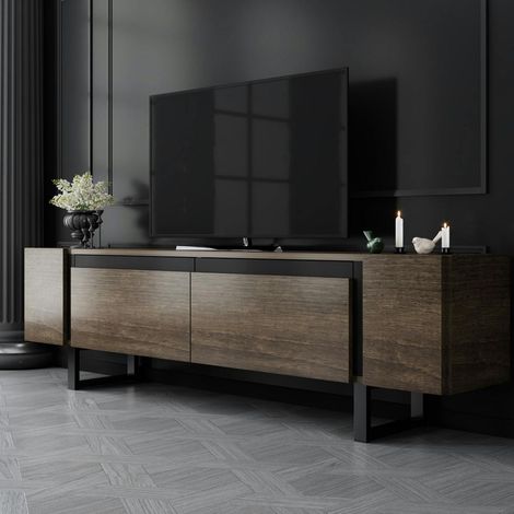 Meuble TV design effet noyer pieds cadres noirs JENA