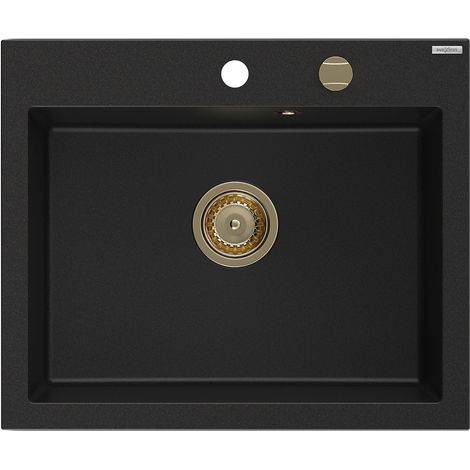 Mexen Elix Granitspüle 1-Becken 600 x 500 mm, schwarz, goldener Siphon - 6525601005-77-G (1/5)